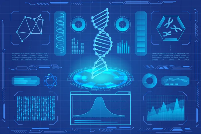 Dna 现代霓虹灯全息图、微生物学、遗传生物技术、dna 数据图、图表eps,ai矢量模版下载