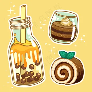 含甜食的饮料。手绘套装系列。