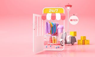 网上购物和送货的概念。带有购物车和包裹箱的衣服移动商店。三维渲染插图。