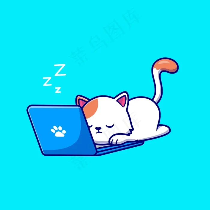 可爱的猫睡觉和工作的笔记本电脑卡通矢量图标插图。