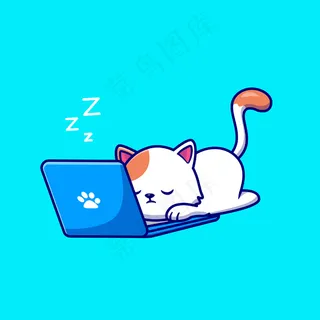 可爱的猫睡觉和工作的笔记本电脑卡通矢量图标插图。 可爱的猫睡觉和工作的笔记本电脑卡通矢量图标插图。