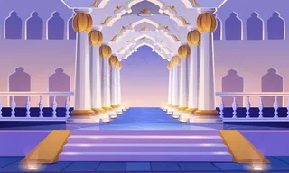 带楼梯、柱子和拱门的城堡走廊