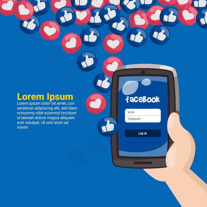 带有facebook表情符号的手持手机eps,ai矢量模版下载