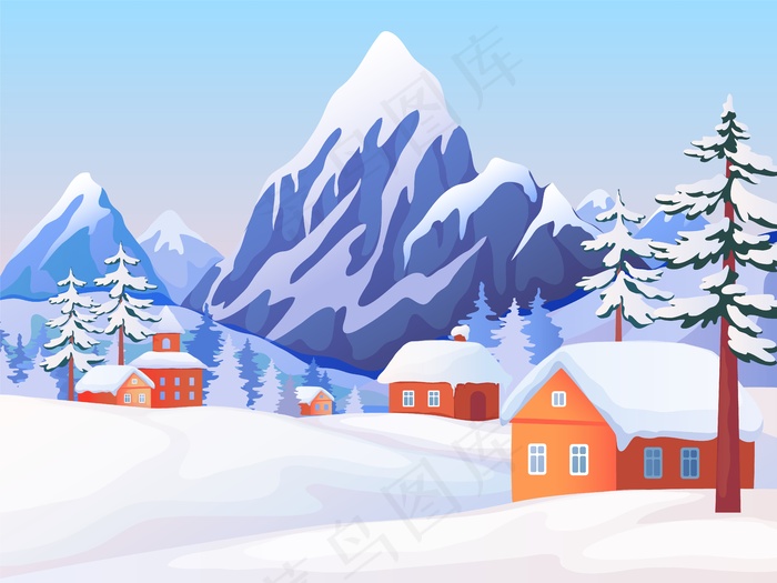 冬季乡村景观。雪峰、木屋、云杉等自然景观eps,ai矢量模版下载