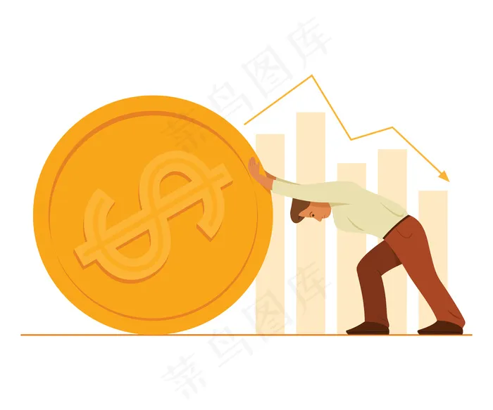 工人推着一个大硬币和条形图。eps,ai矢量模版下载