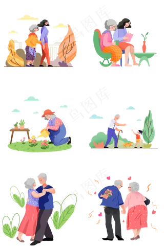 重阳节套图陪伴老人暖色系卡通手