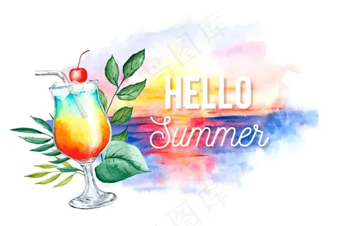 水彩画《夏日与海滩》和《鸡尾酒》