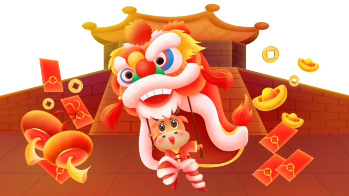 牛年新年牛牛舞狮子城楼