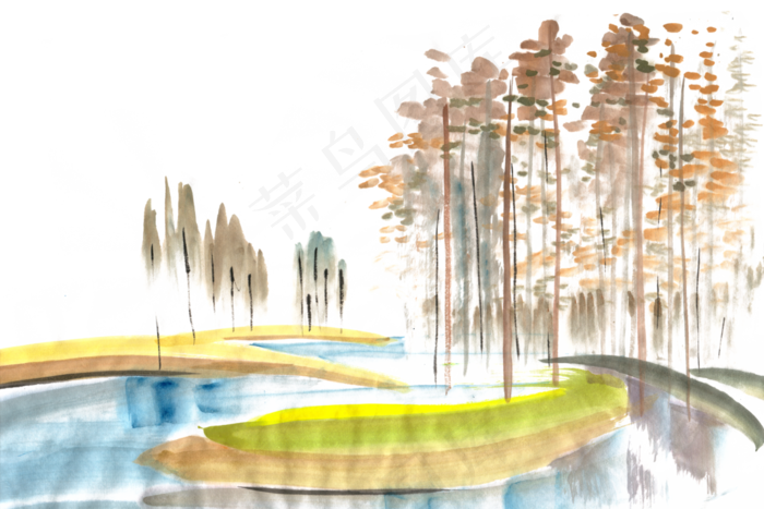 秋天的湖泊水墨画PNG免抠素材