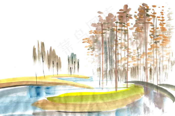 秋天的湖泊水墨画PNG免抠素材(1125X2436(DPI:72))psd模版下载