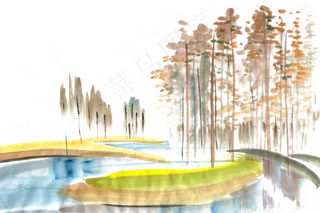 秋天的湖泊水墨画PNG免抠素材
