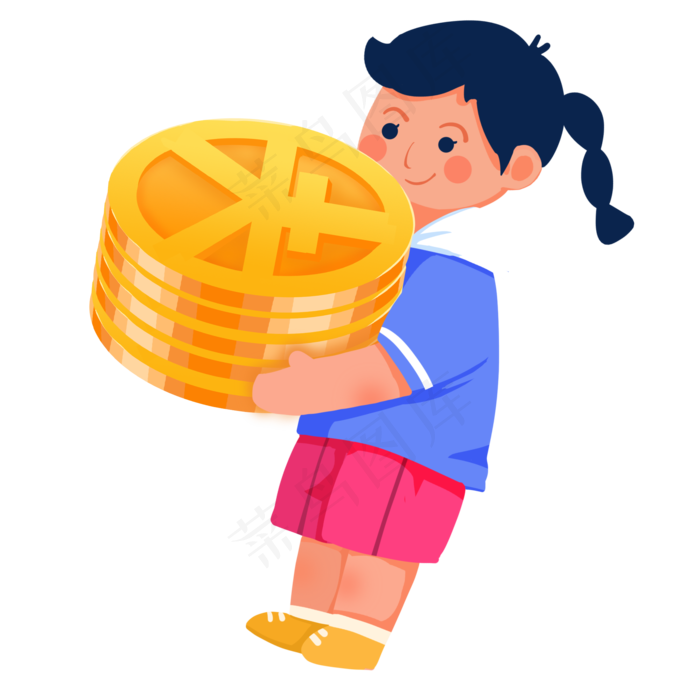 扁平风女孩抱金币