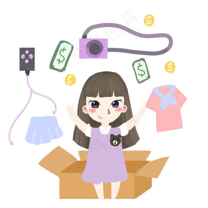 双十一购物节手绘风女孩发礼物(2000X2000(DPI:300))psd模版下载