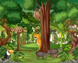 与野生动物的雨林场景