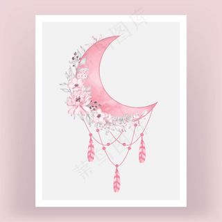 水彩画半月在明亮的粉红色阴影与花