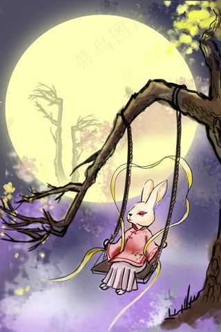中国风古风水墨中秋玉兔秋千月亮桂花中秋