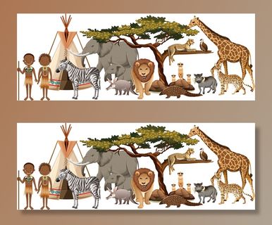 非洲部落与一群野生非洲动物在白色背景