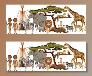 非洲部落与一群野生非洲动物在白色背景