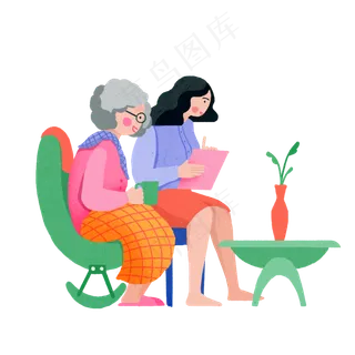 重阳节陪伴老人暖色系卡通手绘免