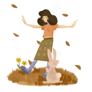 秋天起风落叶女子美女玩耍PNG图