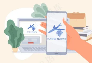 在线购买机票。电脑服务，手机应用方便预订购买商务旅行航班。人类手持式手榴弹。笔记本电脑，桌上的书堆。远程预订