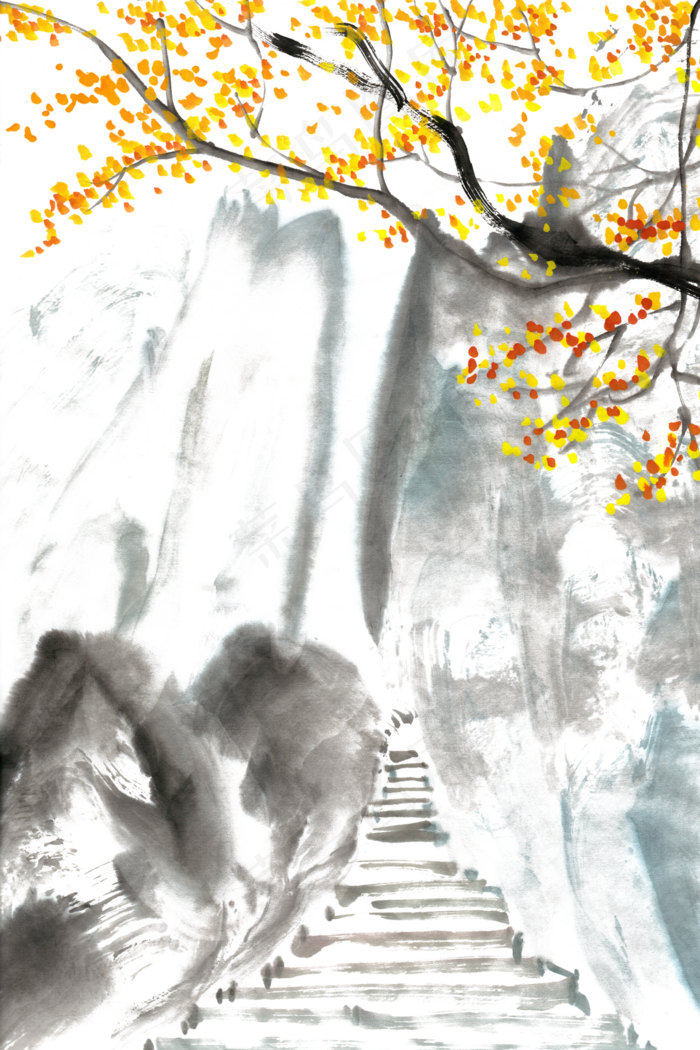 山里的秋天水墨画PNG免抠素材