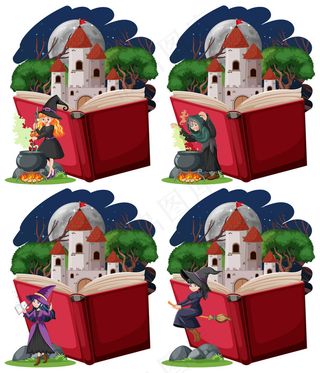 一套女巫和城堡塔与弹出式图书卡通风格在白色背景