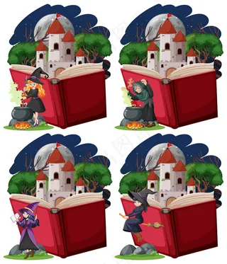 一套女巫和城堡塔与弹出式图书卡通风格在白色背景