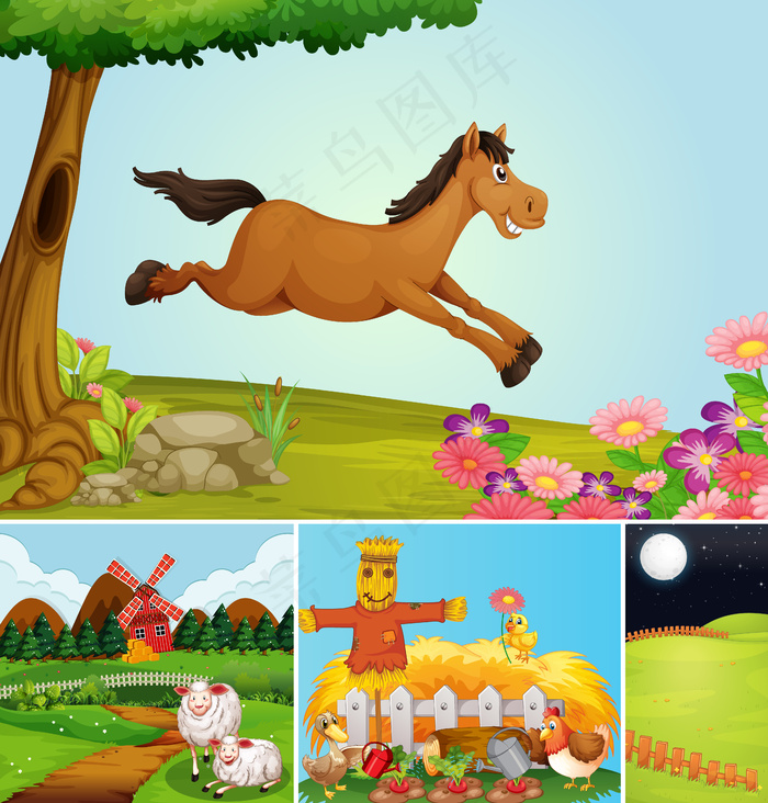 动物农场卡通风格的不同农场场景集