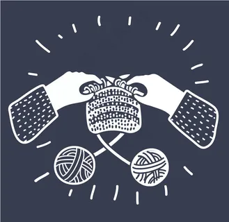 用针编织人手的卡通幻觉。两股羊毛纱。工作坊，课程，霍比，手艺。黑白轮廓现代风格的图形概念在黑暗的背景。