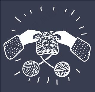 用针编织人手的卡通幻觉。两股羊毛纱。工作坊，课程，霍比，手艺。黑白轮廓现代风格的图形概念在黑暗的背景。