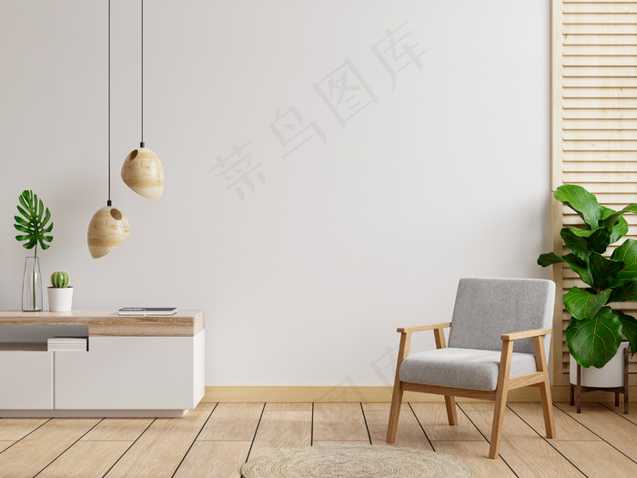 客厅内墙采用暖色调，带木柜的灰色扶手椅 3d 渲染
