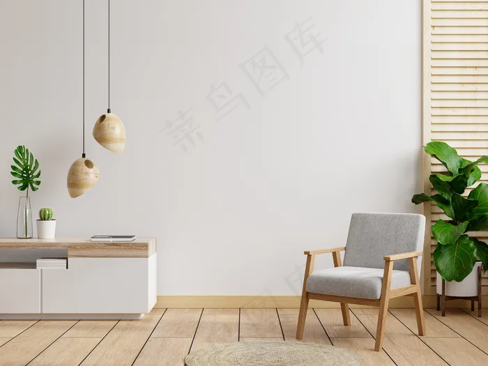 客厅内墙采用暖色调，带木柜的灰色扶手椅 3d 渲染
