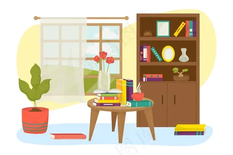 客房内部配有书籍家具架插图。书房背景，书房温馨灯饰。装饰公寓，在木桌上阅读知识。