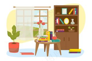 客房内部配有书籍家具架插图。书房背景，书房温馨灯饰。装饰公寓，在木桌上阅读知识。