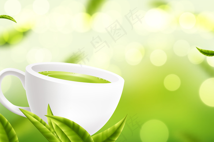 矢量白茶杯，绿叶上有叶子eps,ai矢量模版下载