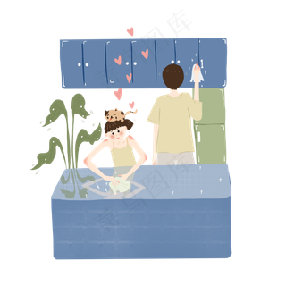七夕节人物蓝色系情侣一起做家务