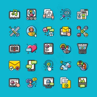 蓝色插画设计的社会网络图标集