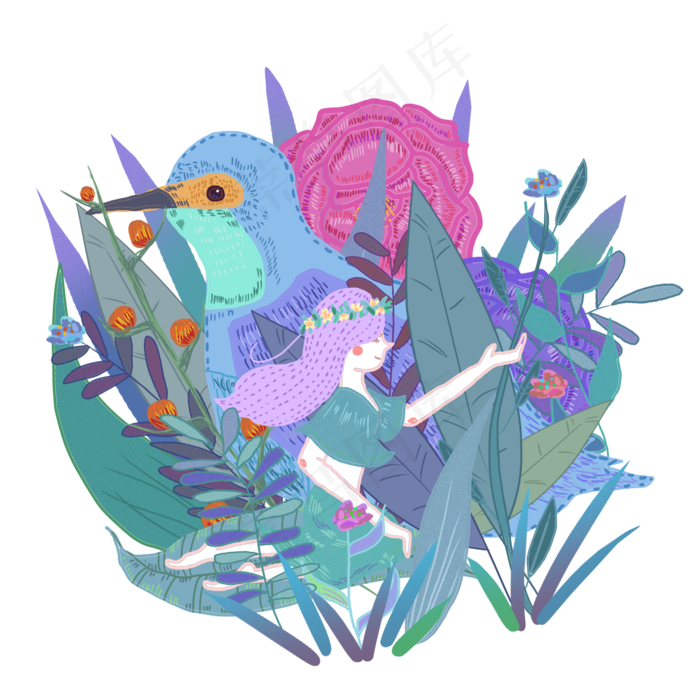 手绘白露翠鸟少女设计元素