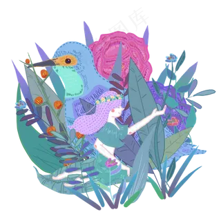 手绘白露翠鸟少女设计元素