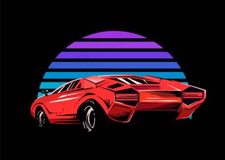 红色跑车的背景上有一个条纹复古的太阳波。80年代风格的矢量插图。