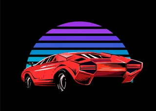 红色跑车的背景上有一个条纹复古的太阳波。80年代风格的矢量插图。