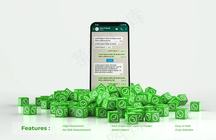 手机上的Whatsapp模型样机上散落着一堆立方体图标Whatsapppsd模版下载