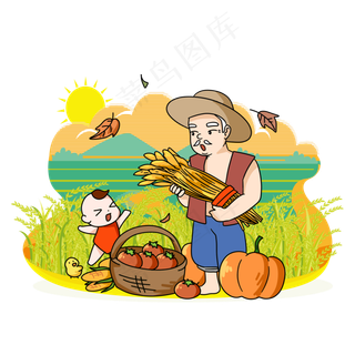 农民伯伯大丰收卡通场景