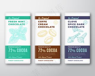 最初最好的巧克力抽象包装标签集。现代排版和手绘薄荷和咖啡豆与丁香香料素描轮廓背景布局。