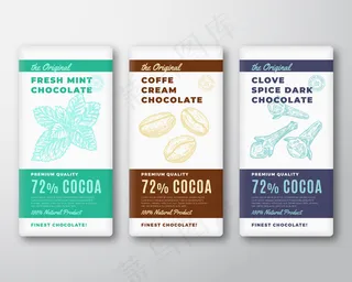最初最好的巧克力抽象包装标签集。现代排版和手绘薄荷和咖啡豆与丁香香料素描轮廓背景布局。