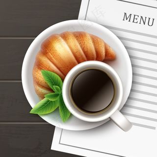 Vector新鲜脆皮法式牛角面包配一杯咖啡、盘子和菜单卡木桌背景俯视图
