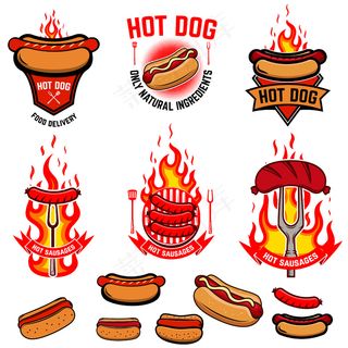 一套热狗，炸香肠徽章。街头食品配送。用于标识、标签、徽章、标志、海报、宣传单,DM传单、菜单、横幅banner的元素。插图
