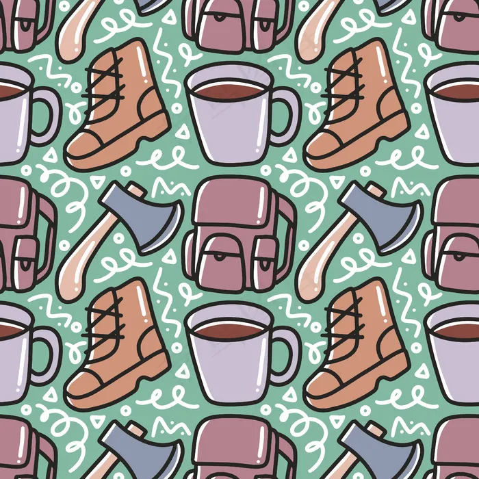 营地用品图案集合，带有图标和设计元素eps,ai矢量模版下载