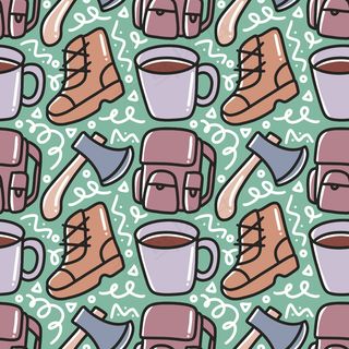 营地用品图案集合，带有图标和设计元素